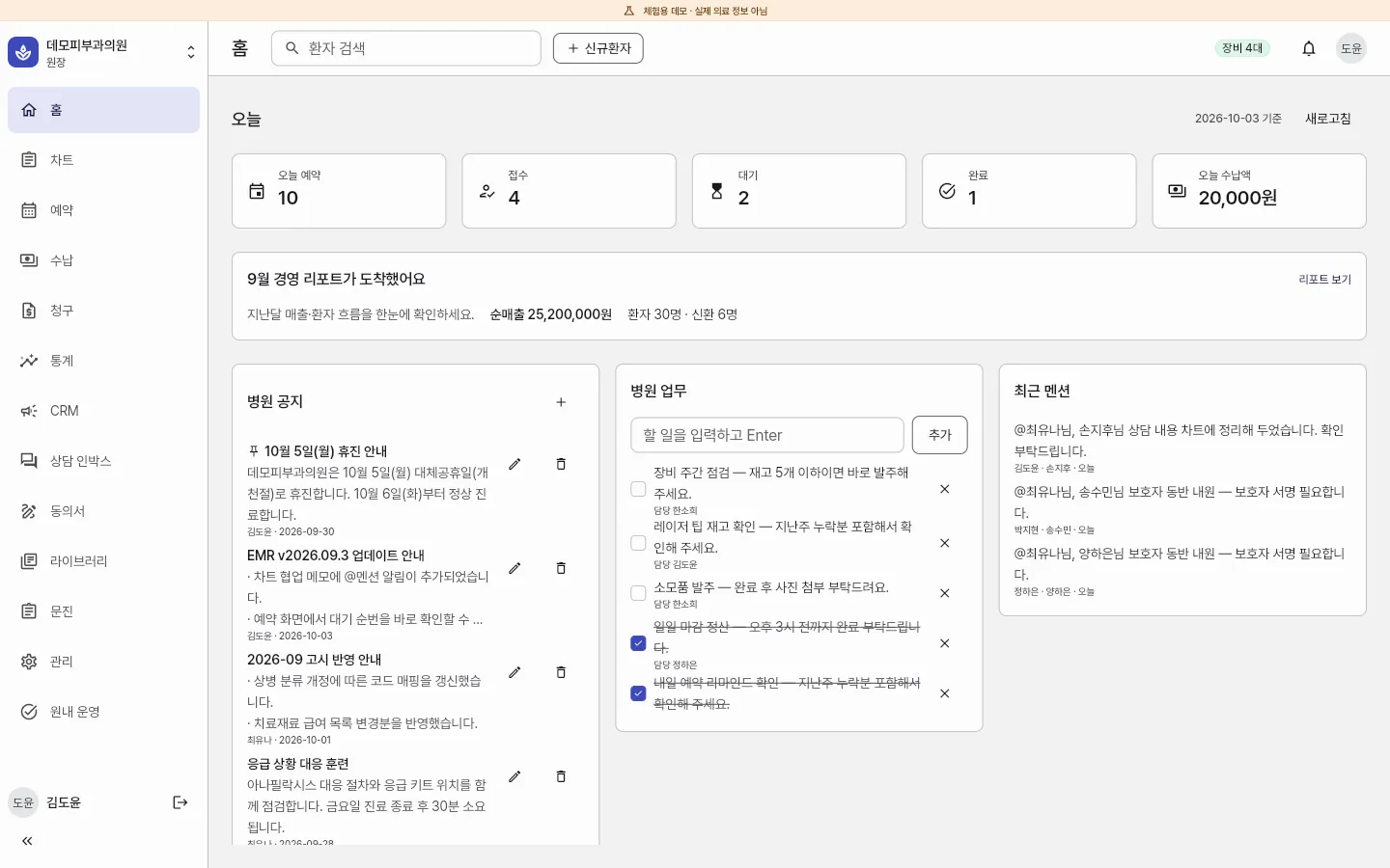Clinic EMR 원장 계정의 홈 — 오늘 예약 · 접수 · 대기 · 수납액과 병원 공지 · 업무