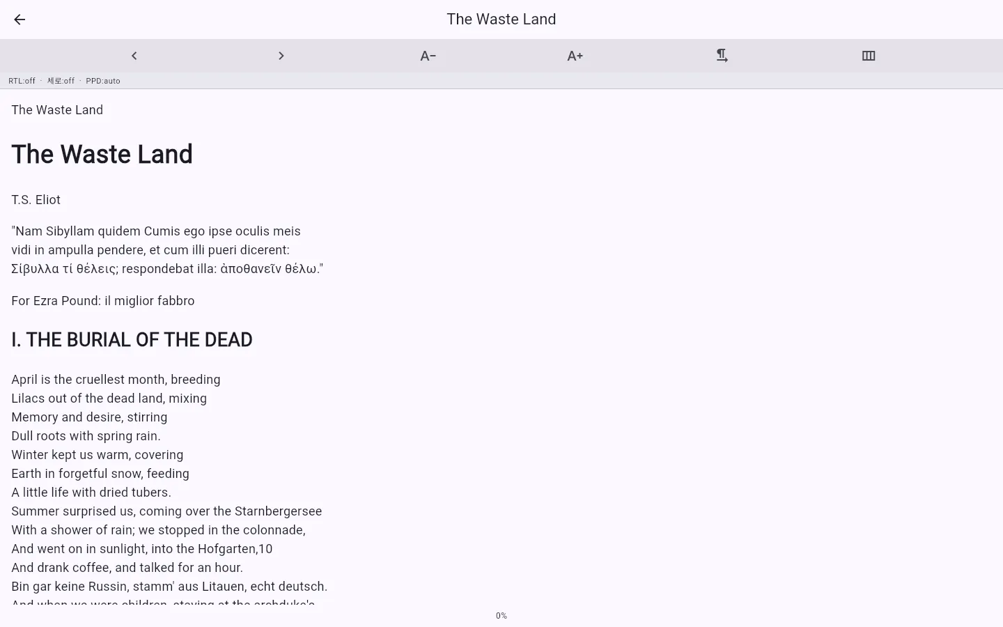 Open EPUB 리더 — 「The Waste Land」 첫 페이지와 페이지 · 글자 크기 · 방향 도구